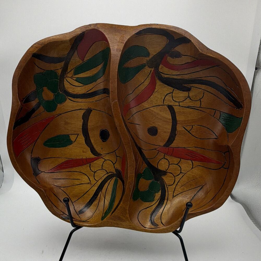 Hand-Painted Wooden Divided Serving Tray, Oval 2-Compartment Floral Pattern